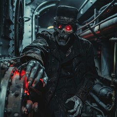 Zombie Train Driver with Claws by Locomotive
