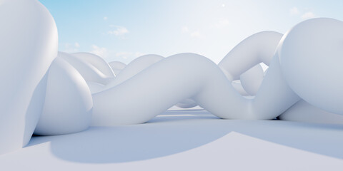 Abstract white sculptures in a bright, open space 3d render illustration