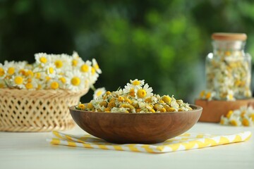 Dry and fresh chamomile flowers in bowl on light table against blurred green background