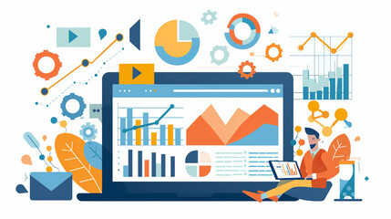 Digital Marketing. Sales data analysis and economic growth chart. Businessman with smartphone and laptop. Businessman using tablet and laptop analyzes sales data and economic growth chart. Business