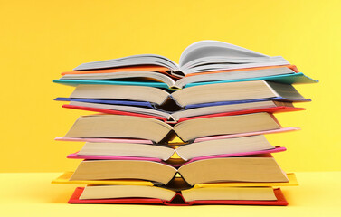 Stack of colorful books on yellow background