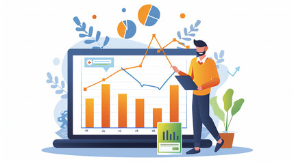 Digital Marketing. Sales data analysis and economic growth chart. Businessman with smartphone and laptop. Businessman using tablet and laptop analyzes sales data and economic growth chart. Business
