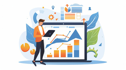 Digital Marketing. Sales data analysis and economic growth chart. Businessman with smartphone and laptop. Businessman using tablet and laptop analyzes sales data and economic growth chart. Business