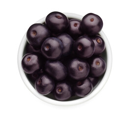 Fresh ripe acai berries in bowl isolated on white, top view
