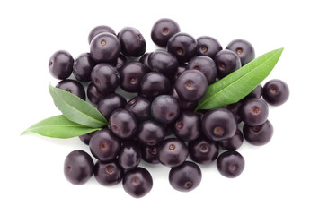 Fresh ripe acai berries and green leaves isolated on white, top view