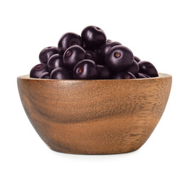 Fresh ripe acai berries in bowl isolated on white