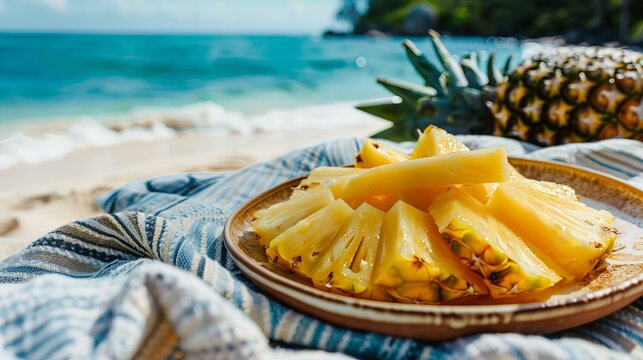 sliced juicy pineapple on a plate on a blanket, vacation on a tropical paradise ocean beach