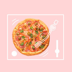 Pizza as vinyl record with illustration of turntable on pink background, top view. Creative collage