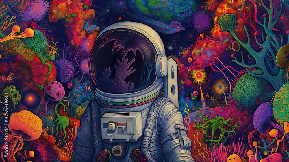 Wall mural psychedelic surreal abstract illustration of astronaut adventure on wild savage planet