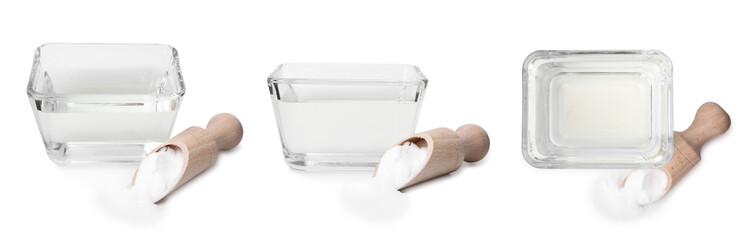 Vinegar in bowl and scoop of baking soda isolated on white, collage. Top and side views