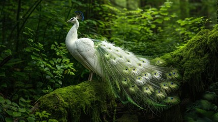 A white peacock is standing on a mossy log in a forest. Generate AI image