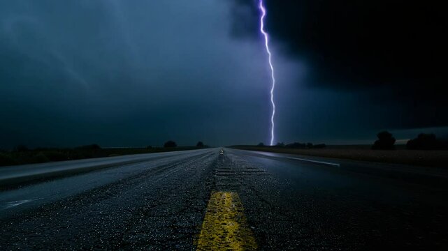 Dramatic stormy road with lightning in the distance and dark clouds