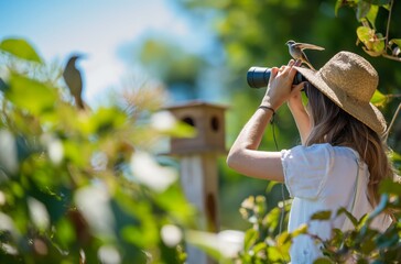 Woman birdwatching with hat in garden