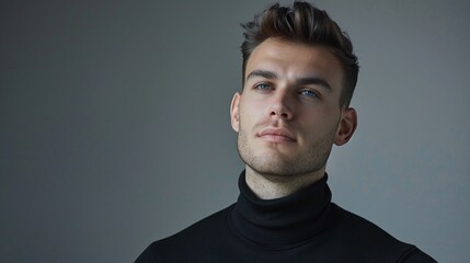 Obraz premium Portrait of a young man in a black turtleneck on a grey background. Studio photography. Fashion and lifestyle concept.