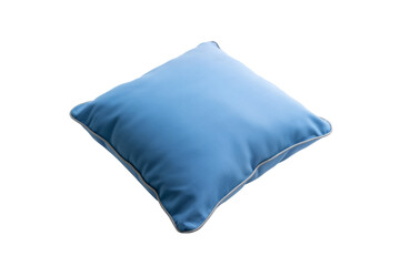 Soft blue pillow with white piping, square-shaped and isolated on a transparent background. Ideal for children's rooms or home decor, this high-resolution image highlights its smooth texture