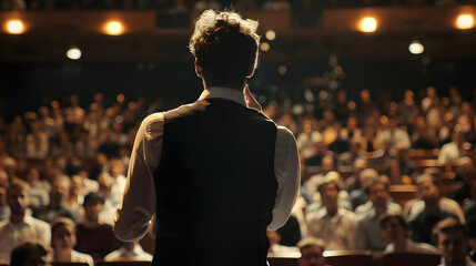 A leader giving a motivational speech to a large audience, highlighting their unique ability to inspire and lead with individuality