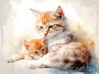 Mother Cat and Kitten Cuddling, watercolor picture