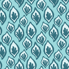 Seamless vector repeat pattern with tiny abstract ogee costal oval shapes with corals or sea weed in soft aqua teal tones. Coastal, swim, poolside, tropical backdrop with hand drawn abstract shapes