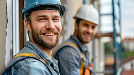 Fototapeta premium builders are installing windows