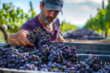 A diligent vintner carefully collects ripe purple grapes under the clear sky of an expansive Italian vineyard in September 