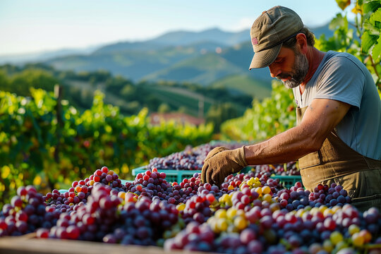 A diligent vintner carefully collects ripe purple grapes under the clear sky of an expansive Italian vineyard in September  - Powered by Adobe