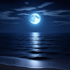 A full moon floating in the sea of night and deep blue sky with strong waves