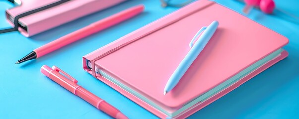 Pink notebook and pens on blue background with desk accessories, perfect for a web banner with copy space.
