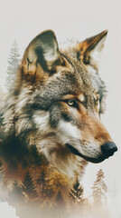 Fototapeta premium Double exposure of a wolf with a forest, created with generative AI technology