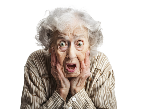 Portrait of an elderly woman with a surprised gesture. Emotions concept. Old people concept.