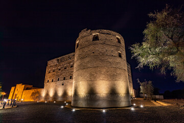 Jabreen citadel fortress stone walls and round bastion tower, Bahla, sultanate Oman
