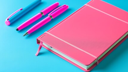 Pink notebook and pens with desk accessories on a blue background, web banner with product text space.