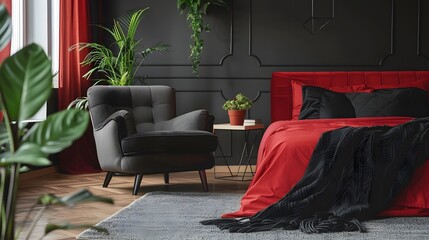 Armchair next to red bed with black blanket  and black wall 