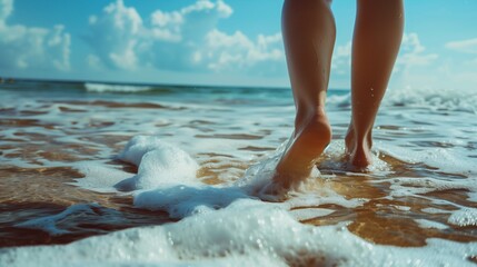 Bare feet of a girl walk on tropical sand beach to sea water. summer vacation and travel concept. close-up. Beach. Ultra realistic. Photorealistic