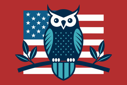 A T-shirt Design Featuring An Owl Perched On A Branch With The American Flag Draped Around It. Add A Backdrop Of Stars And Stripes To Complete The Patriotic Look