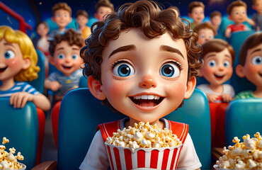 3d illustration kid watching a movie at the cinema with popcorn