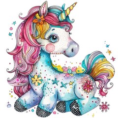 Fototapeta premium Cartoon unicorn depicted with a vibrant, multi-colored mane and tail, suitable for children's cards.