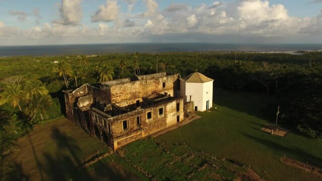Aerial view of ruins of the castle of Garcila D'Avila, Portuguese colonial construction from the 17th century - Mata de S&atilde;o Jo&atilde;o, Bahia, Brazil
