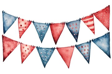 Obraz premium Watercolor bunting with red and blue flags in two rows, featuring polka dots and stripes.