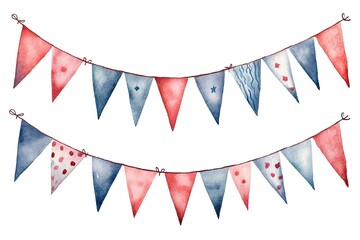 Obraz premium Watercolor bunting with red, white, and blue flags featuring stars, polka dots, and other patterns.