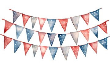 Obraz premium Watercolor bunting in red, white, and blue with polka dots hanging in three rows.