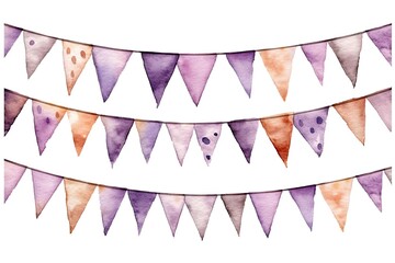 Obraz premium Watercolor bunting in purple and orange tones with polka dots and abstract patterns hanging in three rows.