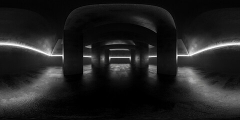 360 degree panorama of a dark concrete room with white neon lights vr environment map