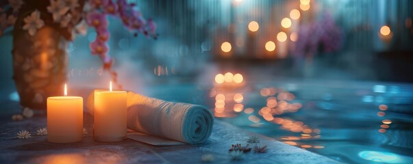 Hotel spa with candlelit aromatherapy session, close up, surreal, multilayer, opulent decor backdrop