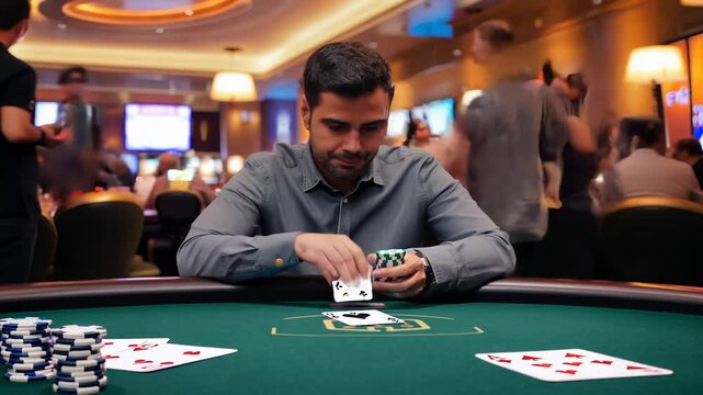 Man in casino playing poker, stacking chips, casino time lapse, poker table and cards in foreground