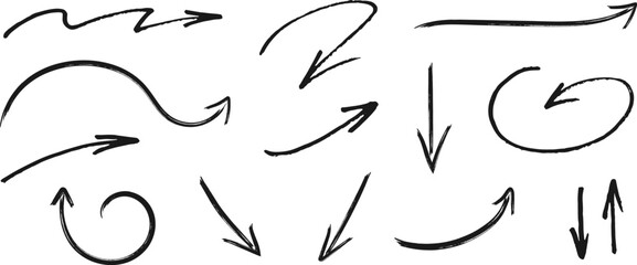 Set of different grunge brush arrows, pointers. Hand drawn paint object for use in your design. Vector illustration