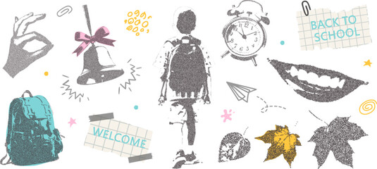 Set of school elements with retro photocopy effect Y2K and doodles. Boy goes to school, backpack, bell, hand, smile, alarm clock, autumn leaves. Pop art design. Vector illustration for collage designs