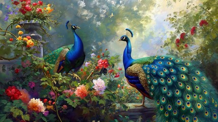 Obraz premium A pair of peacocks displaying their beautiful feathers in a royal garden, with vibrant flowers and greenery, ultra high definition, 8K painting