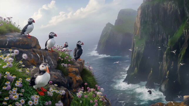 A colony of puffins perched on a rocky cliffside, overlooking the vast ocean, ultra high definition, 8K painting