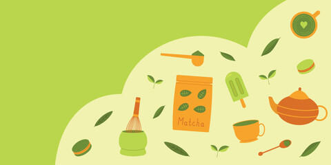Background with matcha and sweets preparation set for banners, cards, flyers. Vector illustration.