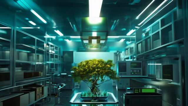 High-tech laboratory growing a tree in a futuristic environment